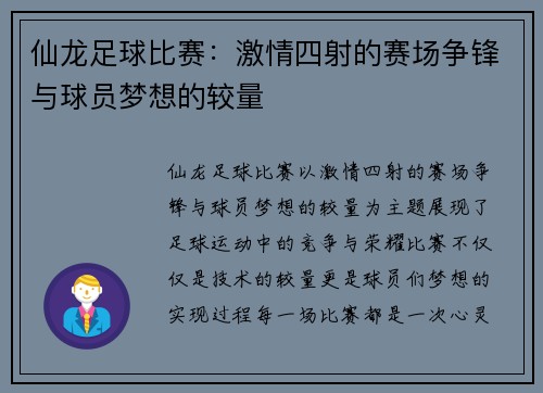 仙龙足球比赛：激情四射的赛场争锋与球员梦想的较量